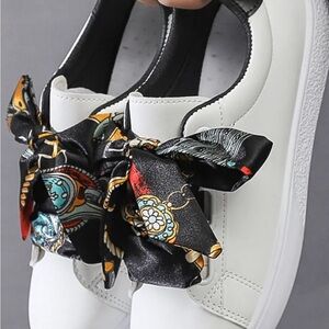Slightly Used White Sneakers with Black and Multicolor Accents